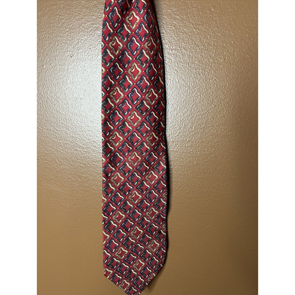 Christian Dior Monsieur Silk Red Tie Geometric Pattern Mens Vintage Made In USA
